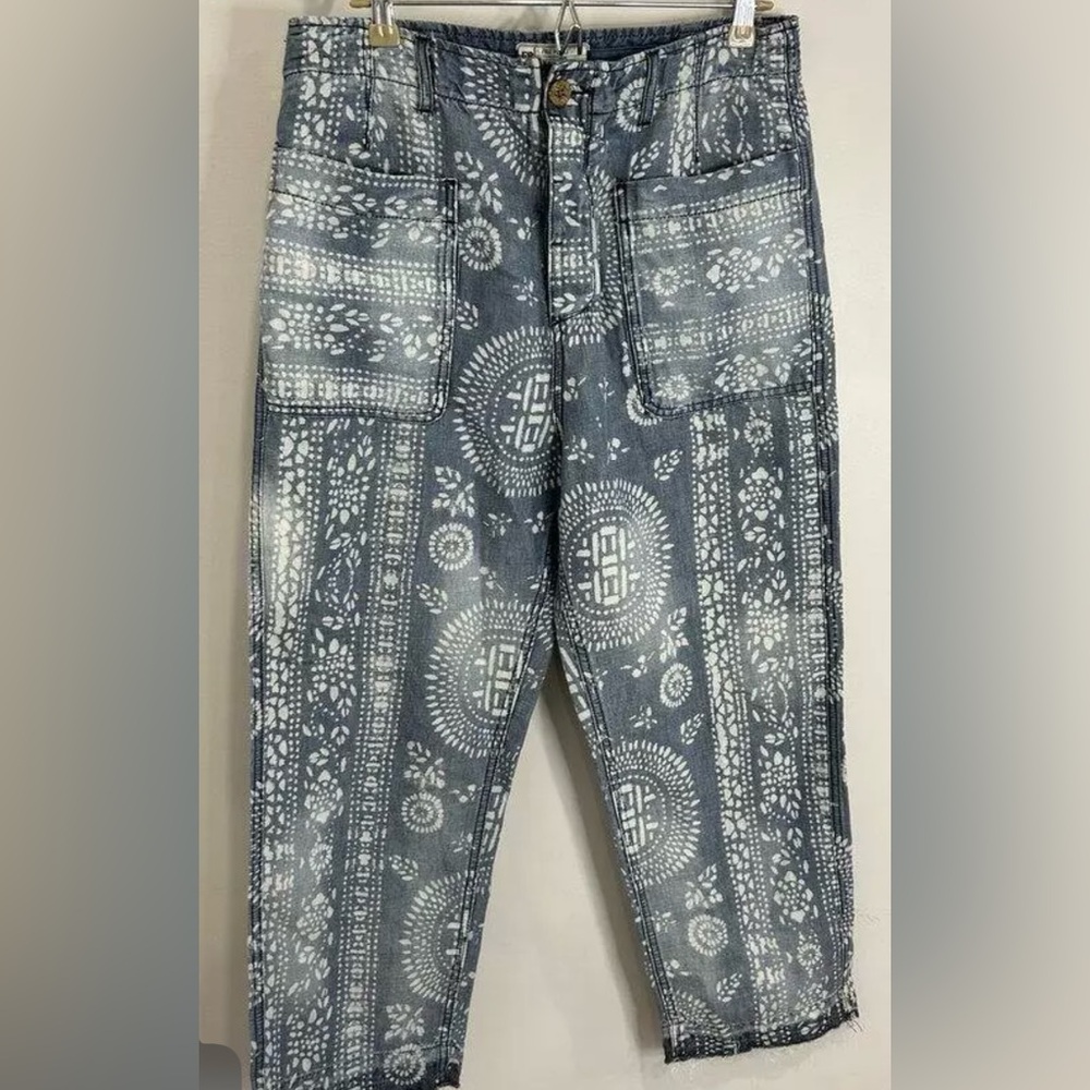 Free People Island Vibes Linen Blend Crop Pants Blue 31